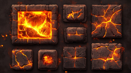 Poster - Lava stone ui game frame and volcanic button vector. Volcano eruption board with magma texture and fire for gui app interface. Blank loading and progress bar isolated rock menu element with crack
