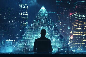 Poster - A man is sitting at a desk looking at a computer screen