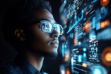 Poster - A man wearing glasses is looking at a computer screen