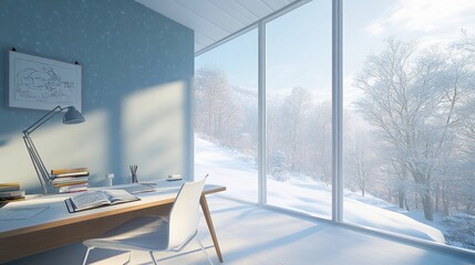 Leinwandbilder - A serene winter workspace with a view of snow-covered trees through large windows.
