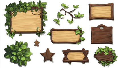 Poster - Jungle game ui elements with stone texture and green liana vines and tropical plant leaves. Cartoon vector illustration set of empty signboard and menu plaque, stars and buttons for videogame design.