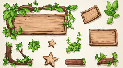 Poster - Jungle game ui elements with stone texture and green liana vines and tropical plant leaves. Cartoon vector illustration set of empty signboard and menu plaque, stars and buttons for videogame design.