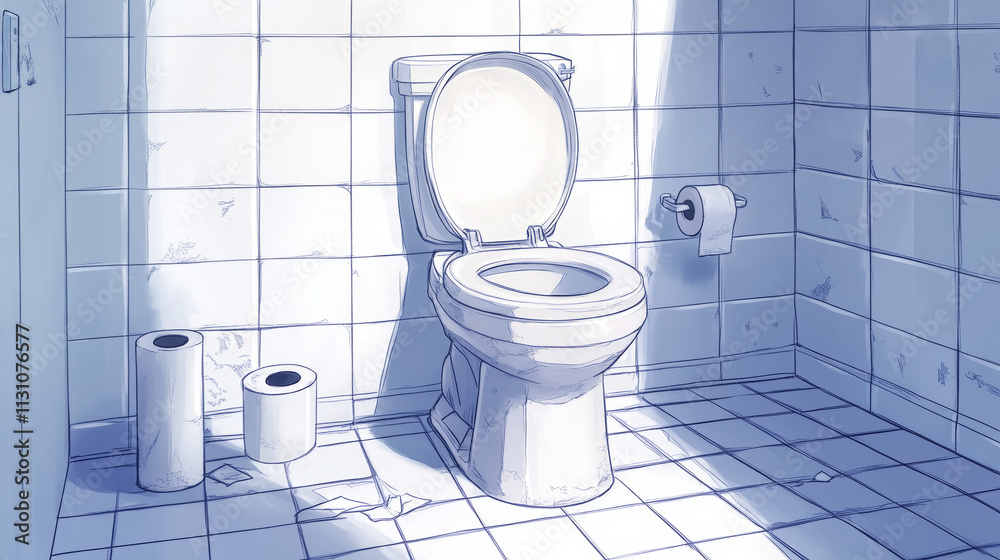 Toilet bowl in bathroom with tiled white wall and floor. Vector ...