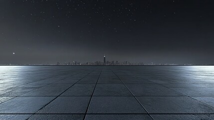 Poster - A serene nighttime cityscape with a vast, empty foreground and a distant skyline.