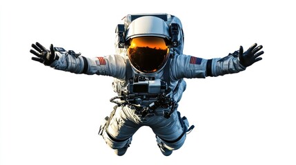 Poster - An astronaut in a space suit appears to be floating with arms outstretched against a white background.