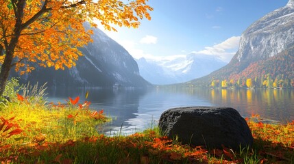 Poster - A serene lakeside scene showcasing vibrant autumn foliage and mountains.