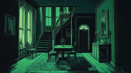 Poster - A dimly lit, eerie interior featuring a staircase, table, and vintage furnishings.