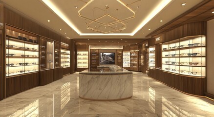 Poster - Modern eyewear store interior with stylish displays and elegant lighting.