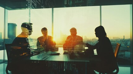 Poster - A business meeting at sunset with silhouettes of professionals discussing ideas.