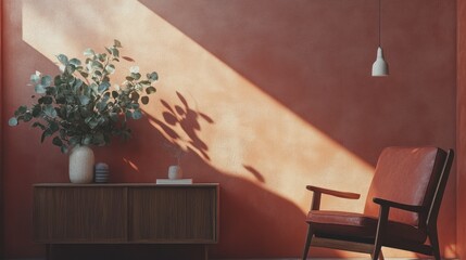 Poster - Cozy interior with a vintage chair, decorative vase, and warm lighting against a textured wall.