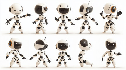 Fototapete - Cute robot cartoon character with different poses and face emotions. Vector illustration set of bot mascot. Artificial intelligence virtual smart cyborg assistant. Childish ai android machine.