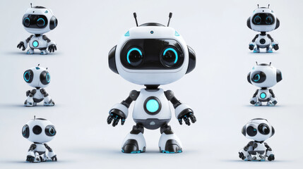 Poster - Cute robot cartoon character with different poses and face emotions. Vector illustration set of bot mascot. Artificial intelligence virtual smart cyborg assistant. Childish ai android machine.