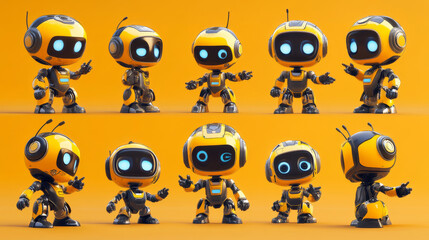 Poster - Cute robot cartoon character with different poses and face emotions. Vector illustration set of bot mascot. Artificial intelligence virtual smart cyborg assistant. Childish ai android machine.