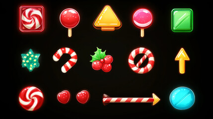 Poster - Candy game ui buttons set isolated on black background. Vector cartoon illustration of progress bar, round and square xmas lollipop frames, sweet border templates, arrow signs, gaming app design kit