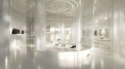 Aufkleber - A modern, minimalist retail space showcasing shoes and clothing in a bright, airy environment.