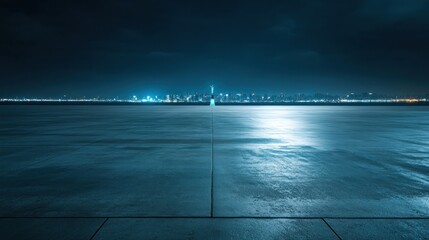 Poster - A serene urban night scene with a reflective surface and distant city lights.