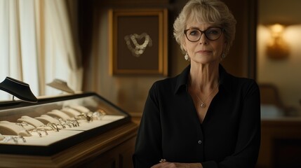 Poster - A poised woman stands in front of a jewelry display, showcasing elegance and luxury.