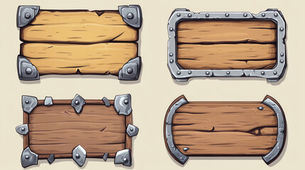 Poster - Set of wooden boards with iron corners for game ui design isolated on background. Vector cartoon illustration of wood texture menu, settings, score, credits frames. Sound level, save, buy buttons