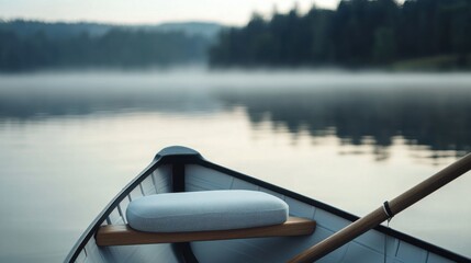 Wall Mural - A rowing boat seat with a focus on the cushion and rail, placed on a calm lake, outdoor setting with morning mist