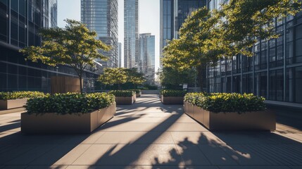 Poster - A modern urban plaza with greenery, sunlight, and skyscrapers in the background.