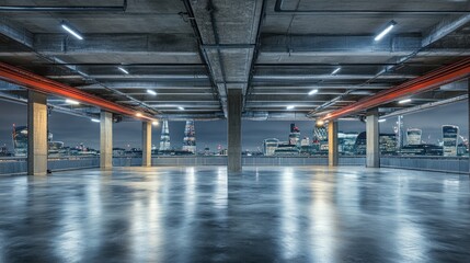 Poster - A spacious, modern parking garage with city skyline views at dusk.