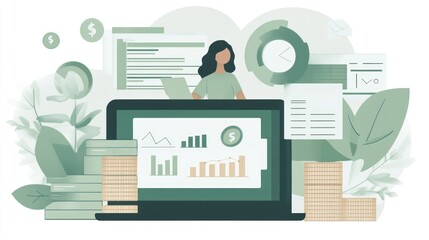 Poster - A digital workspace featuring financial data and analytics with a person and greenery.