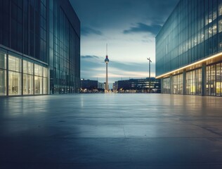 Poster - Urban scene featuring modern buildings and a tower at dusk.