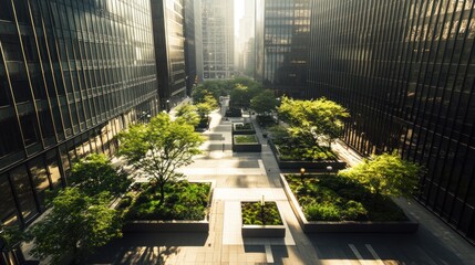Poster - A serene urban park nestled between tall glass buildings, showcasing greenery in a bustling city.