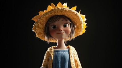 Poster - A cheerful animated character wearing a sunflower hat and a cozy sweater, smiling warmly.