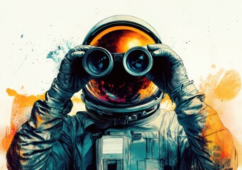 Poster - An astronaut using binoculars against a vibrant, abstract background.