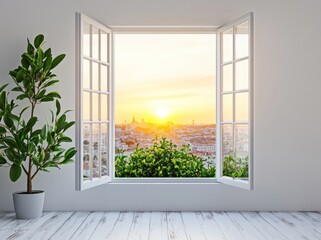 Poster - A serene view of a sunset through an open window with a potted plant.