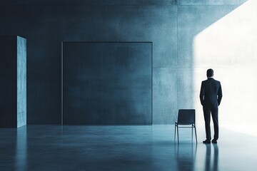 Wall Mural - a man is standing in a room with a chair in front of him