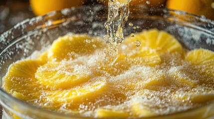 Poster - Slices of pineapple in a bowl with water splashing, creating a refreshing scene.