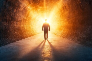 Wall Mural - a man is walking down a tunnel with a light shining on him