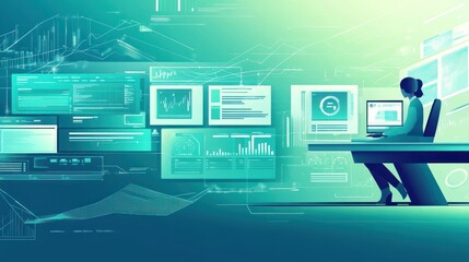 Fototapete - A digital workspace with screens displaying data and analytics.