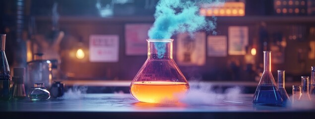 Leinwandbilder - A laboratory scene featuring a glowing flask with colorful smoke, suggesting scientific experimentation.