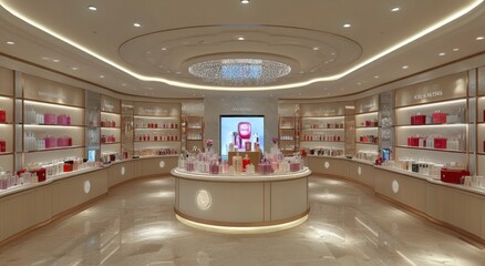 Poster - Elegant retail space showcasing beauty products with modern design and organized displays.