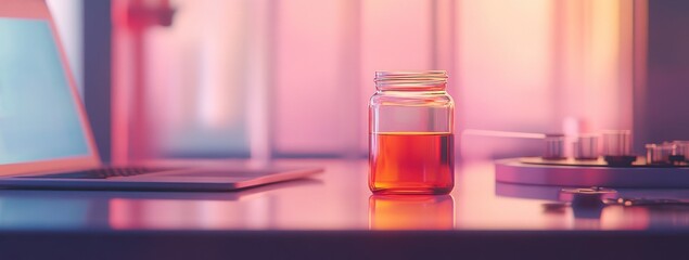 Aufkleber - A glass jar filled with a liquid sits on a desk beside a laptop and various items.
