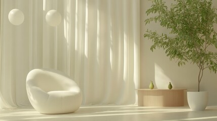 Poster - A serene interior featuring a cozy chair, plants, and soft natural light.