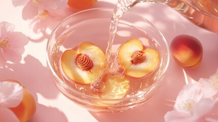 Poster - A serene bowl with peach slices and sparkling water, surrounded by floral accents.