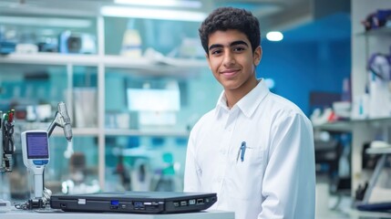 Aufkleber - A young male in a lab coat stands in a modern laboratory with equipment and a laptop.