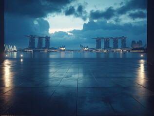Poster - A serene waterfront view at dusk, showcasing modern architecture and reflective water.