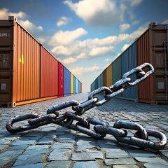 Wall Mural - Cargo loading action in industrial port chain links on ground under dramatic sky view transport concept