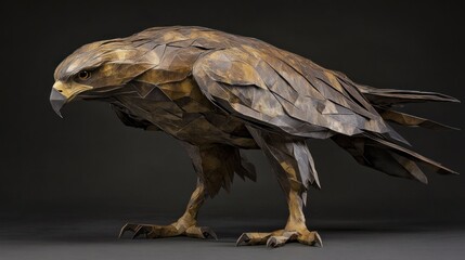 Poster - A detailed origami sculpture of a hawk, showcasing intricate folds and textures.