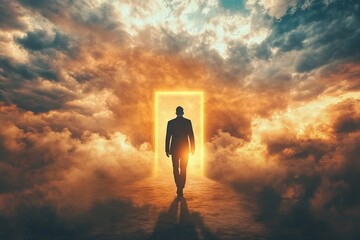 Wall Mural - A man is walking through a doorway in a cloudy sky