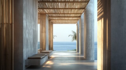 Poster - A serene architectural space with a view of the ocean, blending nature and modern design.