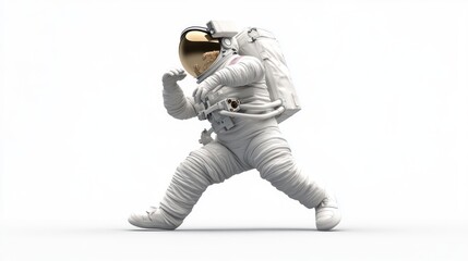 Poster - A cartoonish astronaut in a white spacesuit, playfully walking in a minimalistic setting.