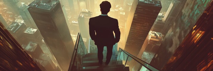 Poster - A man in a suit stands on stairs overlooking a futuristic cityscape.
