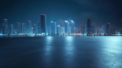 Poster - A vibrant city skyline illuminated at night, reflecting on calm waters.