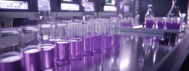 Poster - Laboratory setting with glassware containing purple liquids, suggesting scientific experimentation.